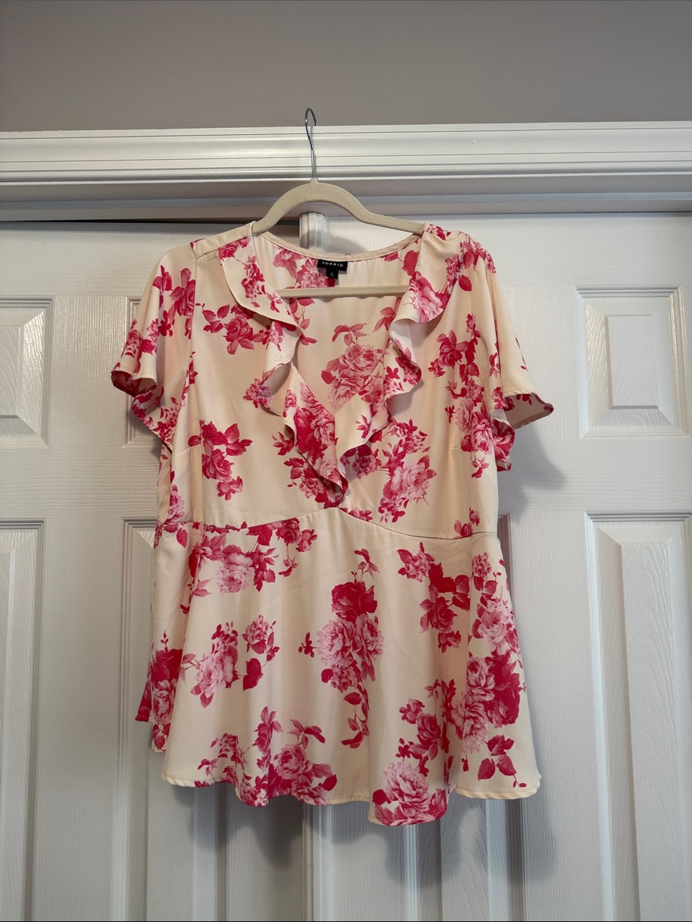 Floral Ruffle V-Neck Peplum Top - Pink/Cream, Sz 0